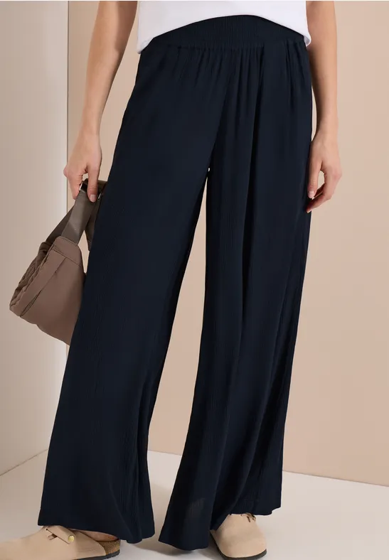 cecil Hose Wide Leg Crepe Viskose Blau