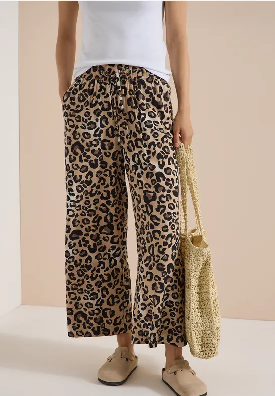 cecil High Waist Wide Leg Hose Leo-Print Viskose Beige
