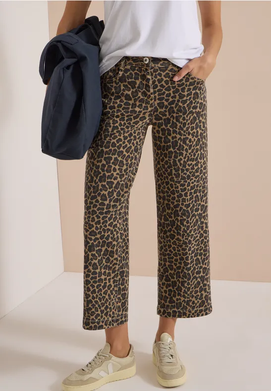 High Waist Wide Leg Jeans mit Leo-Muster