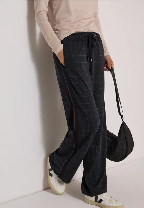 Broek met Wide Leg pijpen, ruitjespatroon en bies