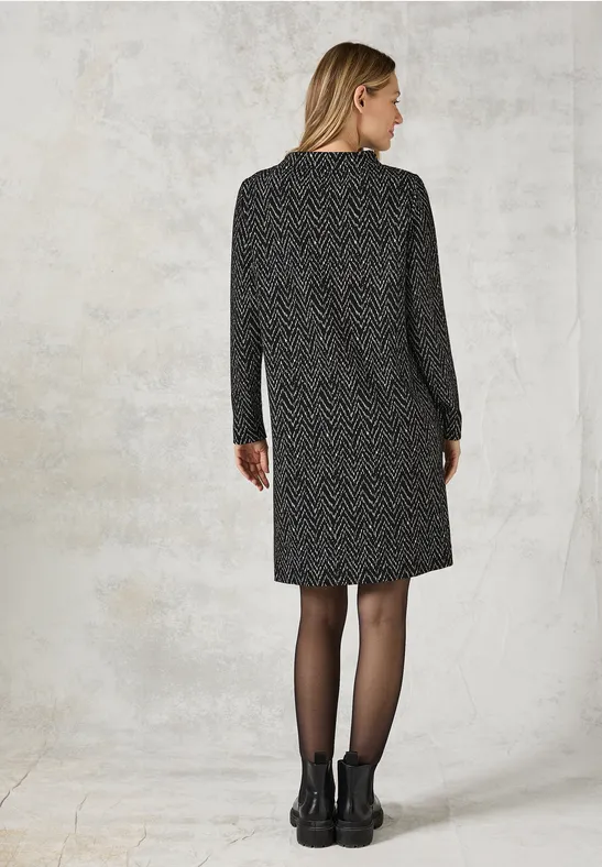 Cecil Damen Jaquard-Kleid – Grafisches Muster, Schalkragen, Langarm, Aus Viskose-Mix Mit Stretch