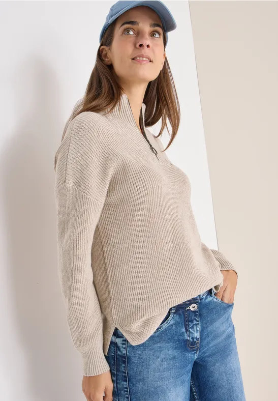 Pull Femme En Coton Mouliné Col Troyer - Manches Longues, Fentes Latérales, Style Décontracté Et Confortable