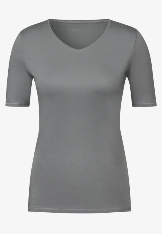 T-shirt, borduurwerk, classic, V-hals, halve mouwen, lichtgrijs melange