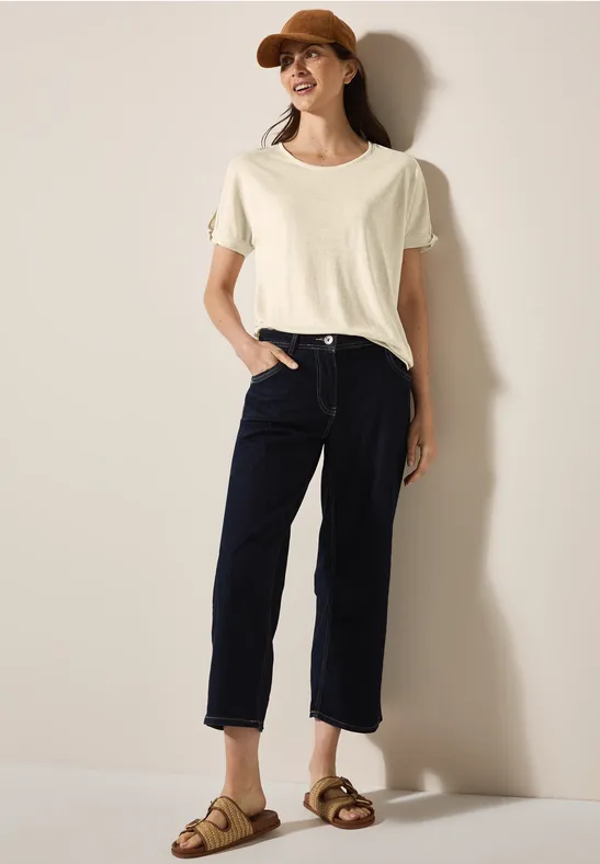 T-Shirt Femme Cecil - Col Rond Fendu - Manches 3/4 Turn-Up - 50% Coton 50% Modal - Lavage Machine