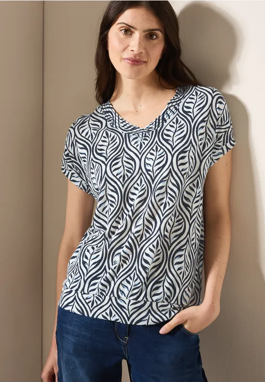 Tunique CECIL à Motifs Pour Femme - Manches 3/4 élastiques, Col Fendu, 100% Coton, Style Décontracté Et Tendance
