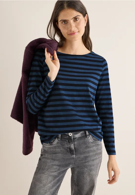 T-Shirt Femme à Rayures Cecil - Col Bateau, Manches Longues - Coton, Look Maritime Basique