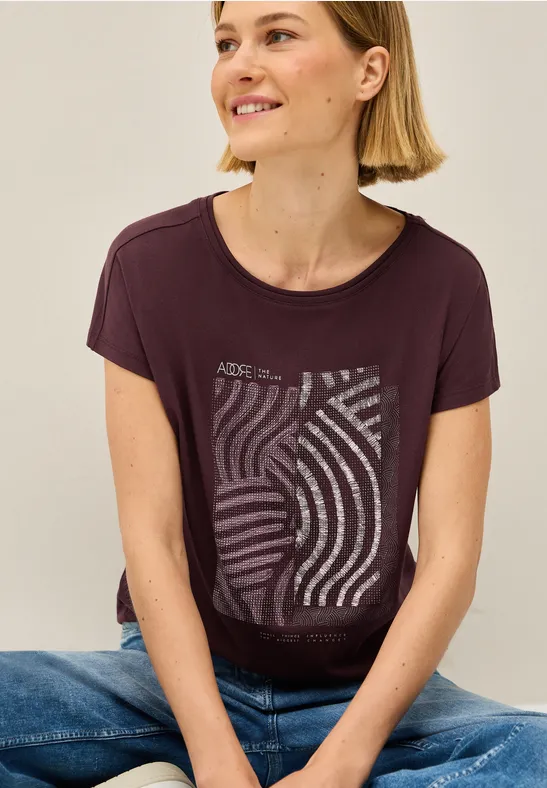 CECIL Damen T-Shirt Mit U-Boot Ausschnitt & Frontprint – Bequeme Baumwoll-Modalmischung