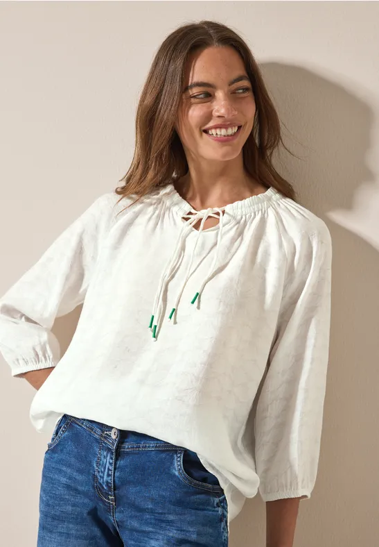 CECIL Damen Tunika Bluse – Jacquard-Stoff, Mit Geschlitztem Ausschnitt & Bändern, 3/4-Ärmel, Aus Modal-Polyester – Leicht & Luftig, Perfekt Für Den Sommer