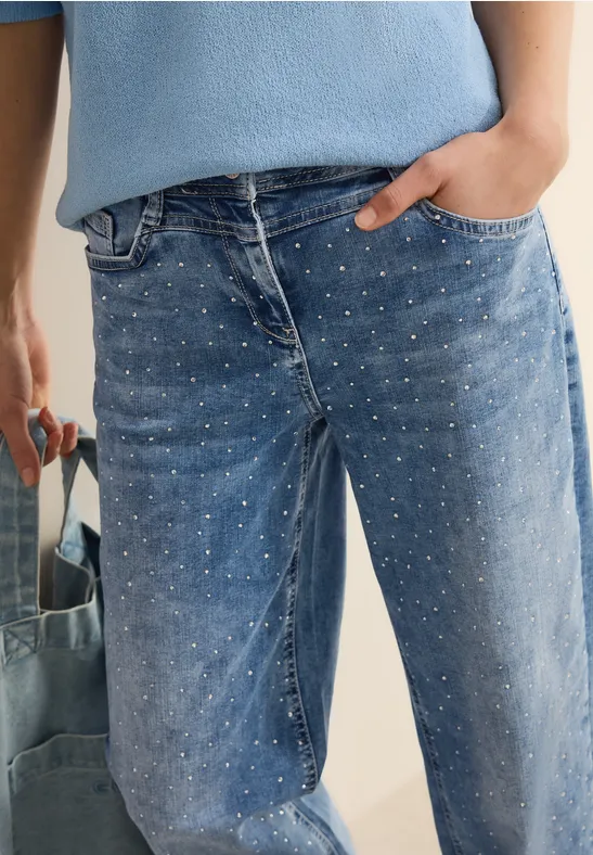 CECIL Glinsterende jeans met brede pijpen, Light Blue Used Wash, 33W / 30L
