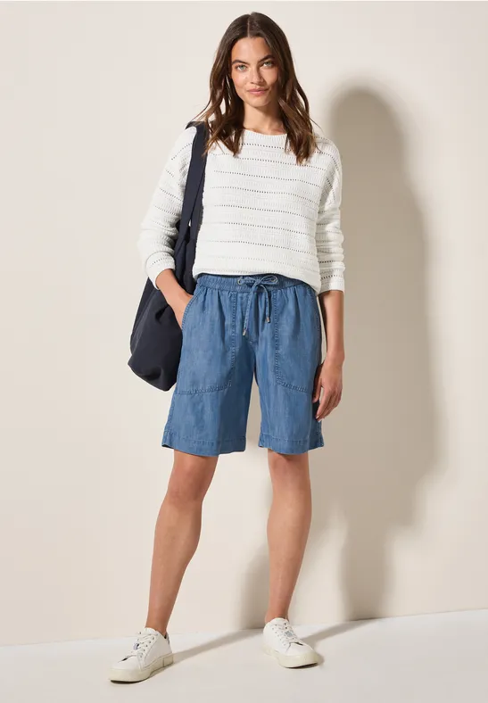 Cecil Damen Jeans Shorts – Lässige Mid-Waist Shorts Mit Farbigem Band & Dekorativen Nähten